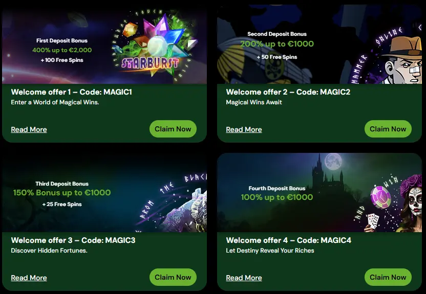 Magicwin Casino promotions: welcome package, reload bonuses, cashback, tournaments and reward shop
